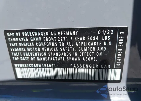 2022 Volkswagen Golf Gti 2.0T S из США, поврежденный, VIN WVWH87CD6NW158091